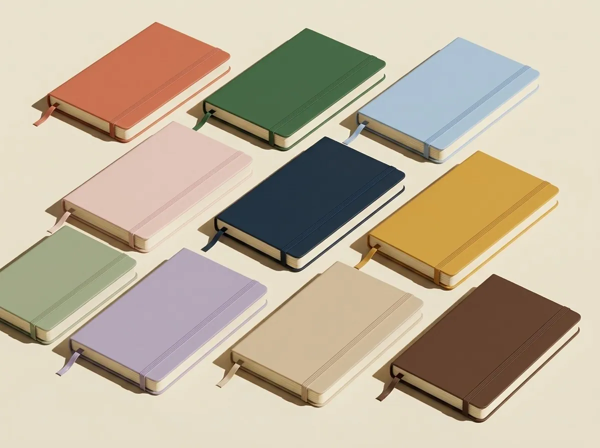 Libretas de tapa dura en varios colores sobre fondo crema
