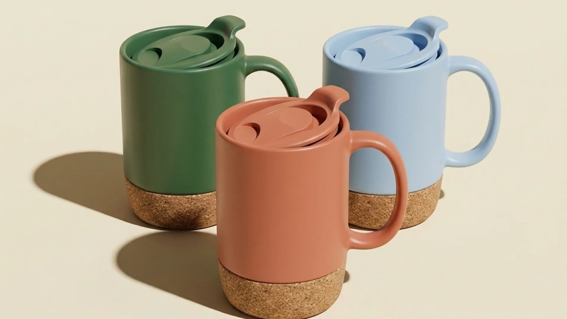 Tazas con tapa y base de corcho en verde, terracota y azul
