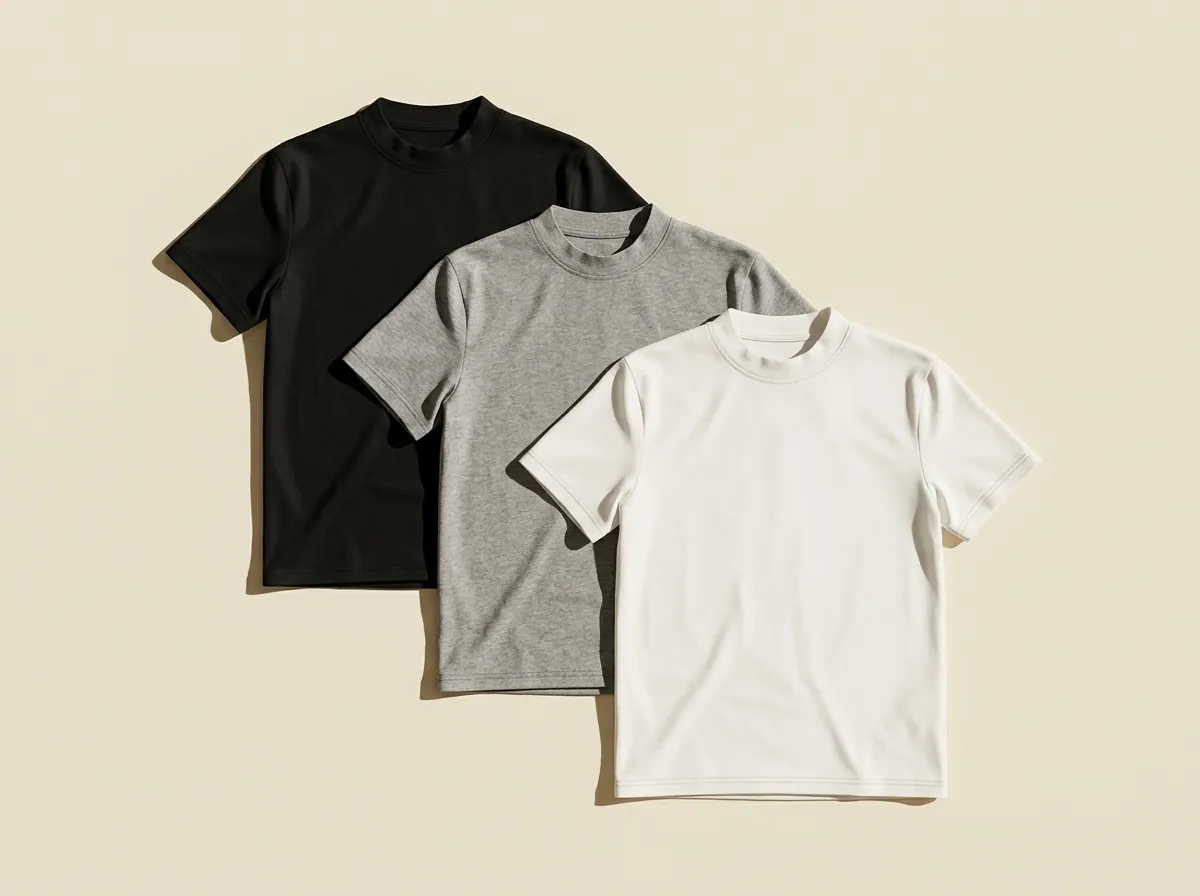 Tres franelas negra, gris y blanca sobre fondo crema