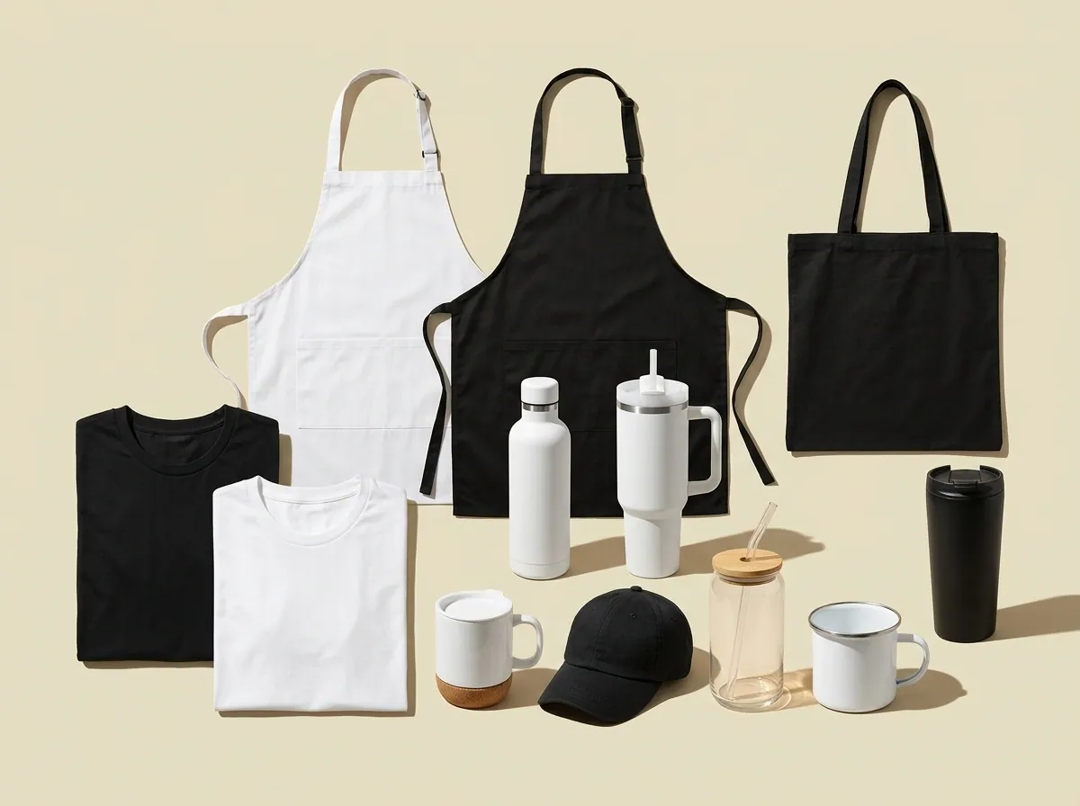 Productos para empresas: franelas, delantales, bolsa tote, gorra, tazas, termos y vasos en blanco y negro