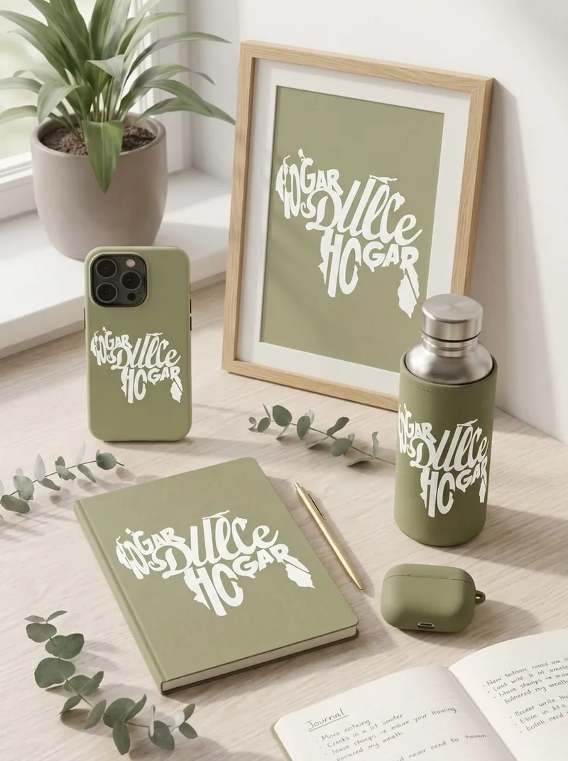 Idea de aplicación en verde salvia: funda de teléfono, cuadro, cuaderno, termo y estuche con el diseño Hogar dulce hogar en blanco
