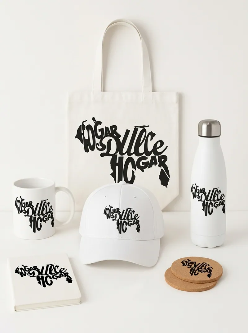 Idea de aplicación en blanco: bolsa tote, taza, gorra, botella, cuaderno y posavasos de corcho con el diseño Hogar dulce hogar en negro