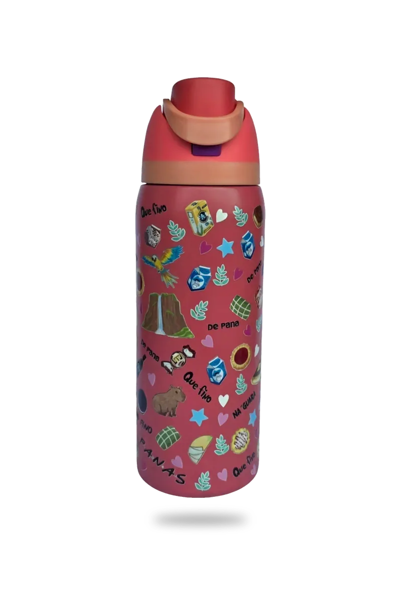 Botella roja con tapa abatible sin fondo