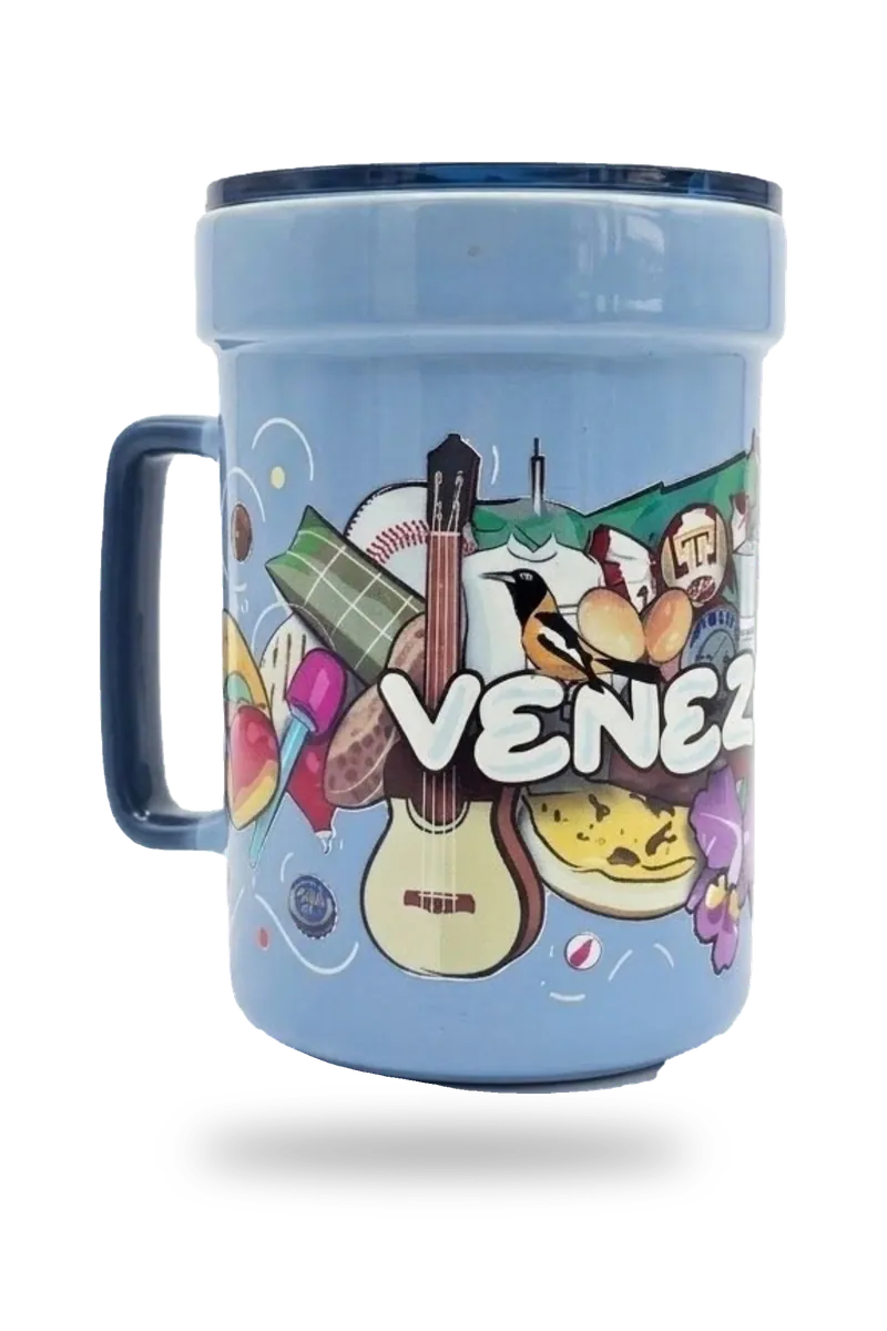 Taza azul con tapa venezuela sin fondo