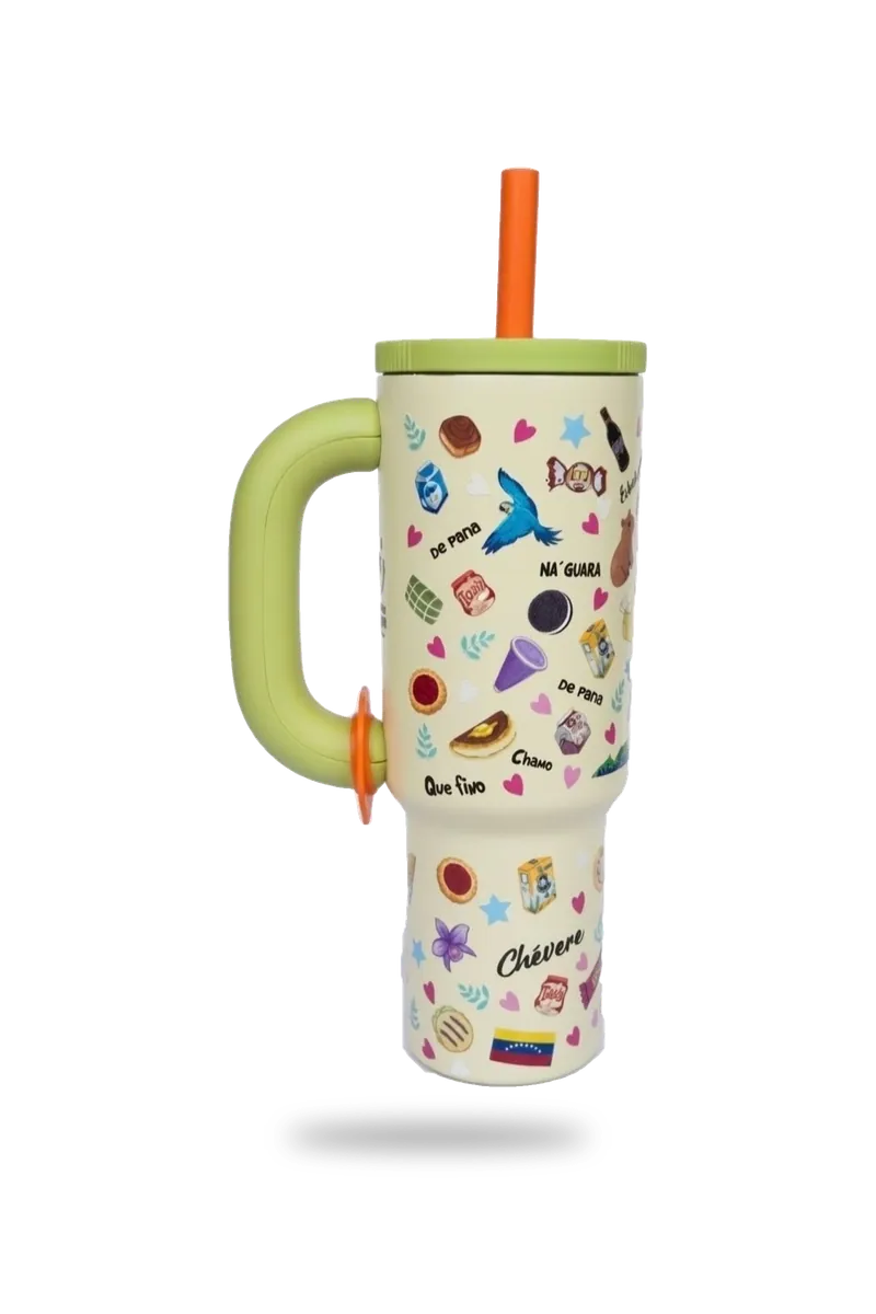 Vaso crema con asa y pitillo sin fondo